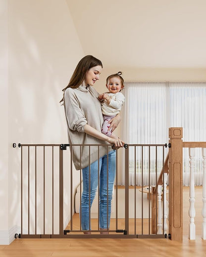 InnoTruth 28.9-49" Baby Gate for Doorways, 28" Tall Extra Wide Doggy Gates for Stairs One-Hand Opening, Easy Walk Thru Dual Lock Dog Gates for The House, Kitchen, Balcony, Easy Install Kid Gate,Brown