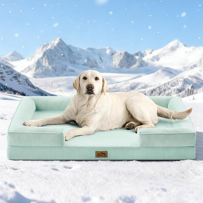 Cooling Dog Bed for Extra Large Dogs, Q-Max >0.4 Summer Cool Orthopedic Foam Pet Sofa Bed with Sides, Bolster Anti-Slip Couch with Washable Removable Cover, XXL 48x35x7.5 inch, Green
