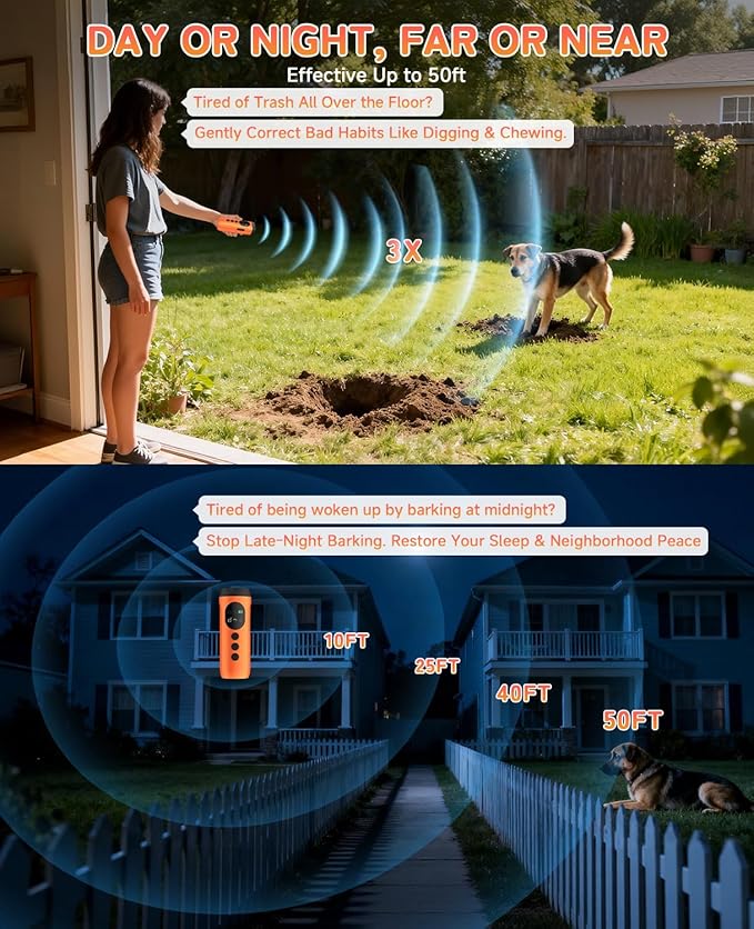 ATESON 3X Ultrasonic Dog Bark Deterrent, 50ft Long Range Anti Barking Device for Stubborn & Neighbor's Dog, Rechargeable Behavior Training Tool with Flashlight, Safe Humane for Indoor Outdoor Use