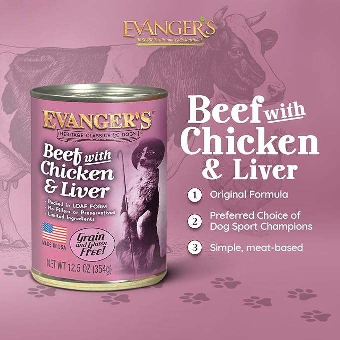 Evanger's Heritage Classic Beef with Chicken & Liver Dog Food – 12 Count, 12.5 oz Each – Loaf Style Recipe with Proteins – Wet Dog Food – Grain & Gluten Free
