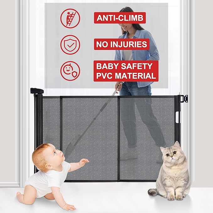 200 inches Extra Wide Retractable Baby Gate, 41.5 inches Tall Mesh Safety Gate for Oversized Openings, Living Rooms, Patios, Child & Pet Barrier for Indoor Outdoor Use, Black