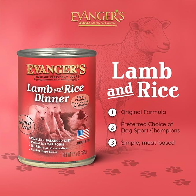 Evanger's Heritage Classic Lamb & Rice Dinner Dog Food – 12 Count, 12.5 oz Each – Gluten & Grain Free, Complete Balanced Diet for All Life Stages – Wet Dog Food