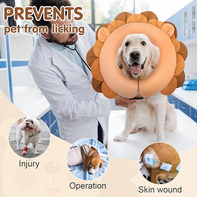 BEAUTYZOO Dog Cone Alternative After Surgery for Large Medium Small Dogs, Soft Inflatable Cone Collar for Dogs Cats, Dog Neck Donut E Collar Dog Recovery Collar to Stop Licking, Lion, M