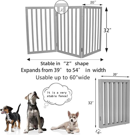 ZJSF Freestanding Indoor Dog Gate for House Foldable Wood Grey Puppy Gate for Doorways Pet Gate for Stairs Extra Wide Pet Fence 32" Height 3 Panels