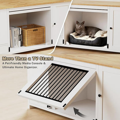 55 ” Wooden Dog Crate Furniture for Medium Dogs, End Table Sideboard Heavy Duty Dog House TV Stand with Pull-Out Feeding Station, Storage Cabinets and Drawer, Decorative Indoor White