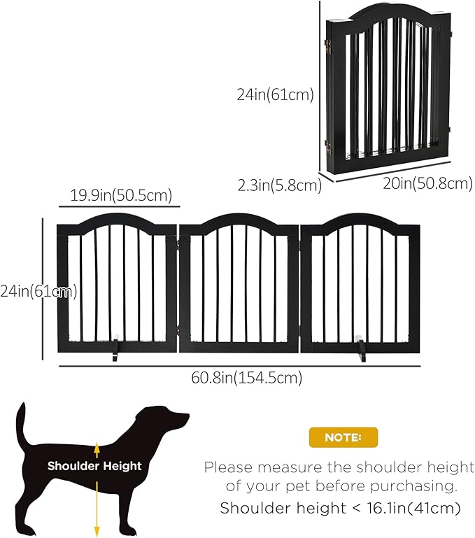 PawHut 24"H Foldable Dog Gate, 3 Panels Freestanding Pet Gate Barriers Indoor with Support Feet, Puppy Fence for Small Dogs, Black