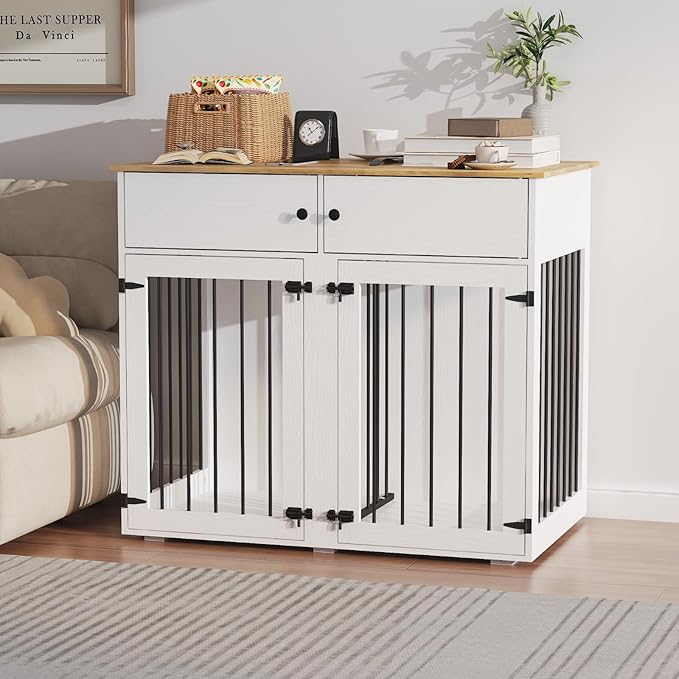 Large Dog Crate Furniture, 41 Inch Dog Kennel Indoor with Removable Divider & Double Doors, Wooden Dog Crates for 2 Dogs, Dog Crate Table for Large/Medium Dogs, White