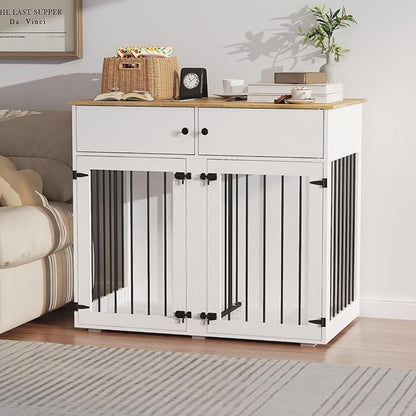 Large Dog Crate Furniture, 41 Inch Dog Kennel Indoor with Removable Divider & Double Doors, Wooden Dog Crates for 2 Dogs, Dog Crate Table for Large/Medium Dogs, White