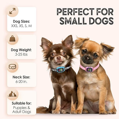 Tiny Bark Collar for Small Dogs 5-15 lbs and Puppies - No Shock Anti Barking Collar - Rechargeable Smart Collar for Dog Training with 7 Sensitivity Levels and 3 Beep&Vibration Modes (Pure Pink)