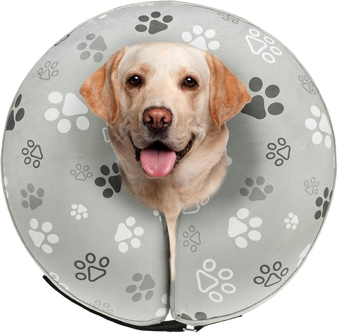 SCENEREAL Dog Cone Alternative After Surgery Donut Collar, Soft Pet Recovery Pillow Collar for Medium Large Dogs, Inflatable Adjustable Neck Collars to Prevent Licking, Grey Footprints L
