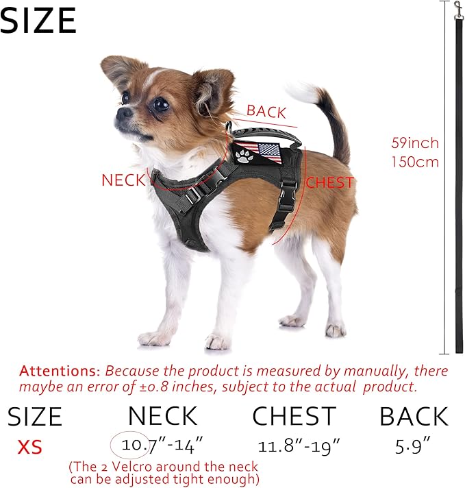 Tactical Dog Harness with Leash Tactical Puppy Vest with Rubber Handle K9 Military Adjustable Pet Harness for Outdoor Training XS Dog Harness (Black Harness with Leash)