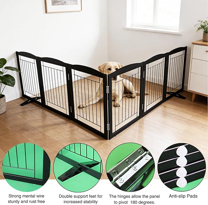 ZJSF Freestanding Dog Fence Indoor, Foldable Dog Gate for Doorways, Stairs or Hallways, Sturdy Wood Extra Wide Pet Gate with Support Feet for The House, Black, 32 "Height-6 Panels