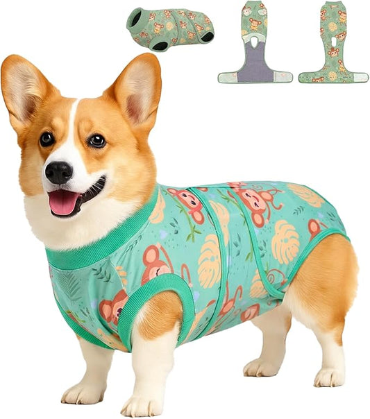 PetWarm Dog Onesie for Surgery Female, Recovery Suit for Dogs After Surgery, Dog Recovery Collars and Cones Alternative, Abdominal Wounds Bandages, Onesies for Dogs, Monkey Pattern, Green, L