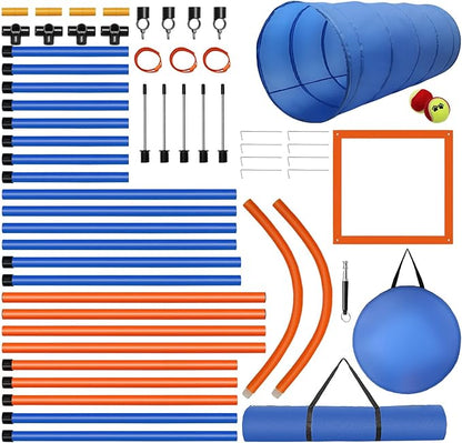 Dog Agility Training Equipment, 60-piece Dog Obstacle Course Training Starter Kit Pet Outdoor Game with Tunnel, Agility Hurdle, Weave Poles, Jump Ring, Pause Box, Toy Balls and Storage Bag