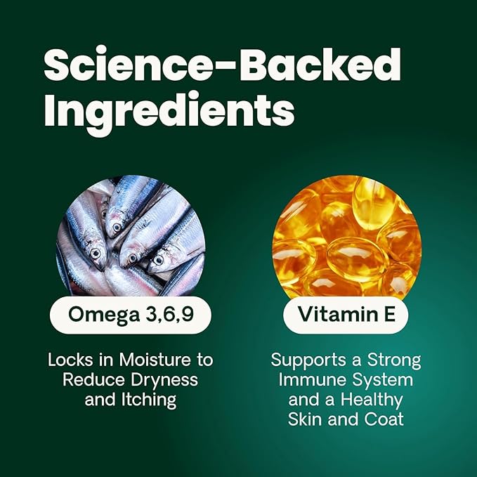 VetriScience Omega Healthy Skin and Coat Capsules, 3,6,9 Fish Oil Supplement for Dogs and Cats, Reduce Shedding, Over 750 mg Omega Fatty Acids per Capsule, Gel Caps, 90 Count