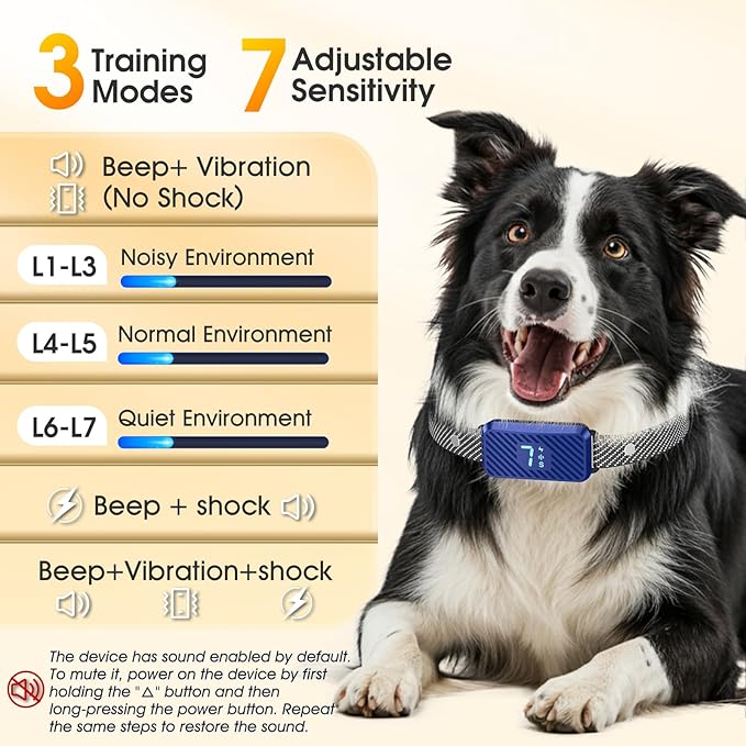 Dog Bark Collar for Large Medium Small Dogs, Effective No-Bark Collar, Smart Barking Collar, Rechargeable Bark Collar with 7 Sensitivity, 3 Modes, Waterproof, DarkBlue