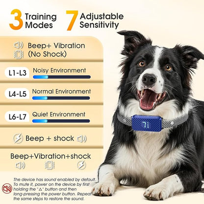 Dog Bark Collar for Large Medium Small Dogs, Effective No-Bark Collar, Smart Barking Collar, Rechargeable Bark Collar with 7 Sensitivity, 3 Modes, Waterproof, DarkBlue