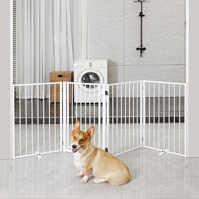 Metal Freestanding Dog Gates with Door for Outdoor Indoor,80'' Extra Wide 24'' Tall Free Standing Dog Gate for Doorways,Large Openings,Deck,Yard,Porch,Foldable Safety Pet Fence(White,4 Panels)