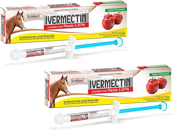 Horse Ivermectin Paste 1.87% – Apple Flavored Oral Horse Dewormer Syringe – 6.08g Tube Treats Horses Up to 1250 LB 2 Pack