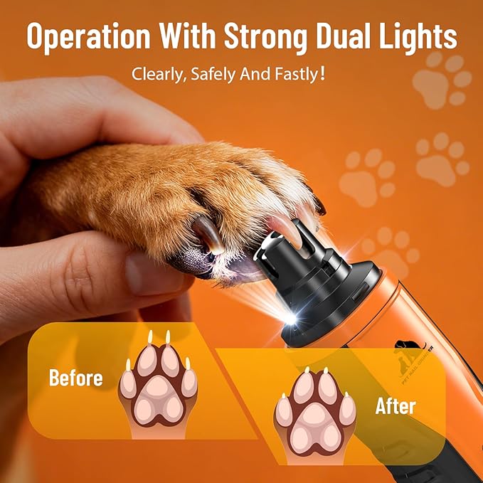 Electric Dog Nail Grinder: 5-Speed Quiet Dog Nail Trimmer with LED Light, Adjustable Safety Guard, Rechargeable Cordless Design for Small to Large Dogs & Cats(Orange)