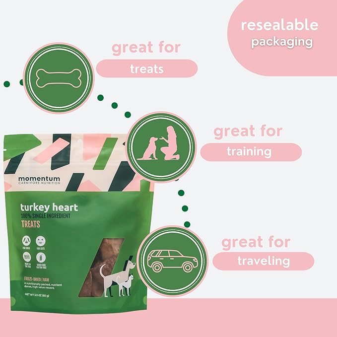 Momentum Carnivore Nutrition Freeze-Dried Turkey Heart Dog Treats & Cat Treats – Single-Ingredient, High-Protein, Grain-Free, Lean & Easily Digestible – Made in USA – 3 oz Bag