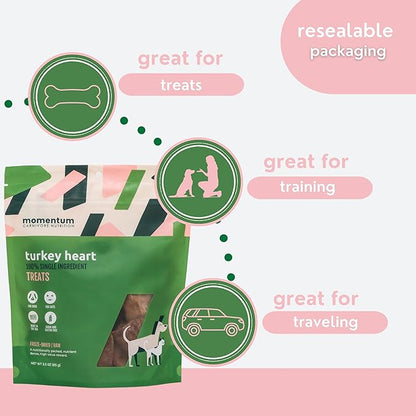 Momentum Carnivore Nutrition Freeze-Dried Turkey Heart Dog Treats & Cat Treats – Single-Ingredient, High-Protein, Grain-Free, Lean & Easily Digestible – Made in USA – 3 oz Bag