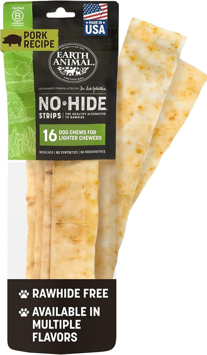 Earth Animal No Hide Strips - Natural Rawhide Free Dog Chew Strips, Pork - 16 Count