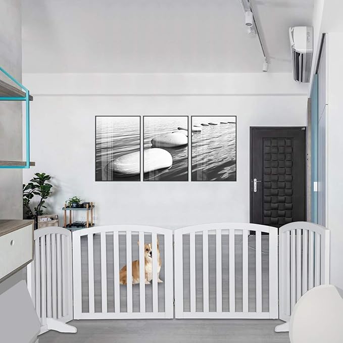 Bonnlo 30” Tall Free Standing Dog Gate for Doorways, 4 Panel Folding Pet Gates for The House Extra Wide, Indoor Dog Fence Wooden Gate for Puppy | Up to 83” Wide | White | 4 Foot Supporters