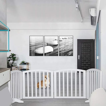 Bonnlo 30” Tall Free Standing Dog Gate for Doorways, 4 Panel Folding Pet Gates for The House Extra Wide, Indoor Dog Fence Wooden Gate for Puppy | Up to 83” Wide | White | 4 Foot Supporters