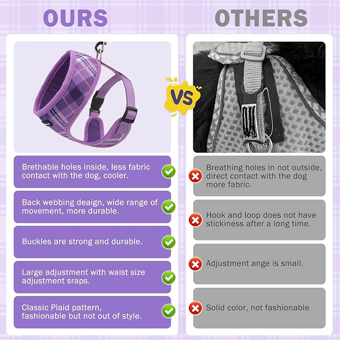 SCENEREAL No Pull Dog Harness Collar and Leash Set Small Medium Sized Dog, Soft Mesh Puppy Harnesses, No Chock Plaid Adjustable Pet Vest for Outdoor Walking Training and Running, Purple XS