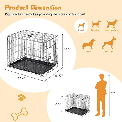 Dog Crate - 24 Inch Small Single Door Portable Puppy Dog Cage, Metal Wire Pet Kennel with Secure Lock, Leak-Proof Pan Tray, Foldable Design for Small Dog Indoor Training and Outdoor Trave