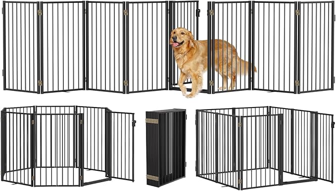 Metal Freestanding Dog Gates with Door for Outdoor Indoor,160'' Extra Wide 32'' Tall Free Standing Dog Gate for Doorways,Large Openings,Deck,Yard,Porch,Foldable Pet Fence(Black,8 Panels)