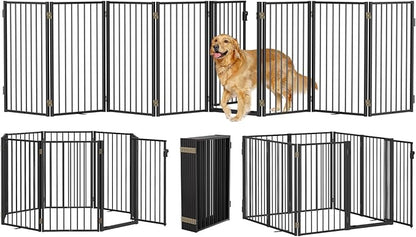 Metal Freestanding Dog Gates with Door for Outdoor Indoor,160'' Extra Wide 32'' Tall Free Standing Dog Gate for Doorways,Large Openings,Deck,Yard,Porch,Foldable Pet Fence(Black,8 Panels)