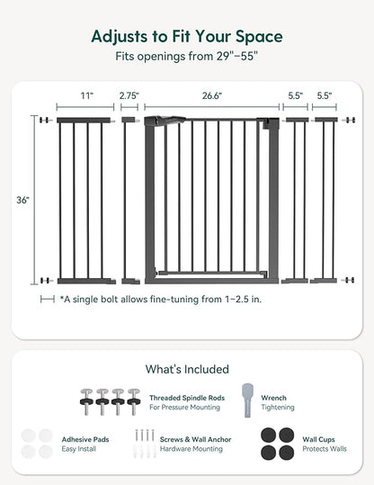 Babelio 36" Tall Baby Gate, PressGuard P7, 29-55" Auto Close Pressure Mounted Dog Gate for Doorways & Hallway, Basics Easy Walk Thru Pet Gate, Extra Wide Metal Child Gate, Black