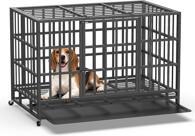 Hiwokk 42 Inch Heavy Duty Dog Crate, Indestructible Escape-Proof Dog Kennel for High Anxiety Large Dogs, Strong Metal Pet Cage with Double Doors, Lockable Wheels & Removable Tray, XL XXL XXXL