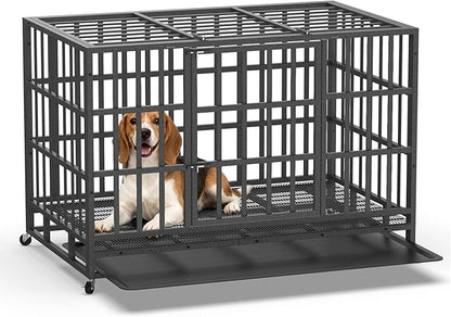 Hiwokk 42 Inch Heavy Duty Dog Crate, Indestructible Escape-Proof Dog Kennel for High Anxiety Large Dogs, Strong Metal Pet Cage with Double Doors, Lockable Wheels & Removable Tray, XL XXL XXXL