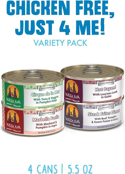 Weruva Classic Dog Food, Chicken Free, Just 4 Me Trial Variety Pack, 5.5oz Can, Pack of 4