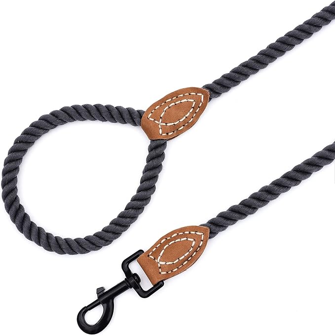 Mile High Life Dog Leash, Braided Cotton Rope Leashes with Leather Tailor Tip with Leather Tip - Heavy Duty Metal Clasp, 6FT, 1/2" Thick - Wedding, Walking for Medium Large Dogs(Dark Gray)