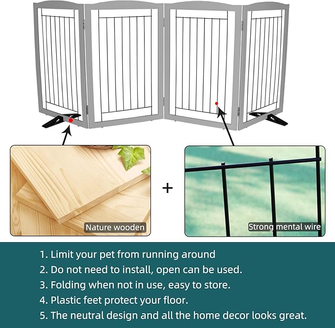 ZJSF Freestanding Dog Fence Indoor, Foldable Dog Gate for Doorways, Stairs or Hallways, Sturdy Wood Extra Wide Pet Gate with Support Feet for The House, Grey, 32 "Height-4 Panels