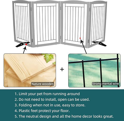 ZJSF Freestanding Dog Fence Indoor, Foldable Dog Gate for Doorways, Stairs or Hallways, Sturdy Wood Extra Wide Pet Gate with Support Feet for The House, Grey, 32 "Height-4 Panels
