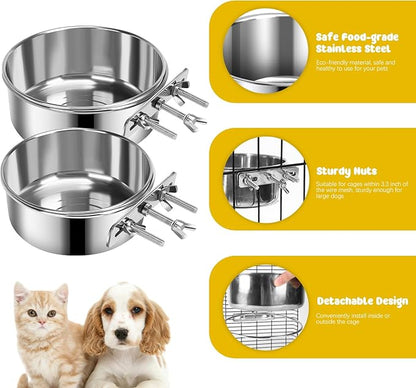 2 Pcs Medium Dog Food Water Bowl for Cage with Upgraded Clamp Holder, Pet Kennel Hanging Bowls Stainless Steel Detectable Bowls Crate Feeder Dish for Medium Dogs (6.3x2.7'' & 5.5x2.3'')