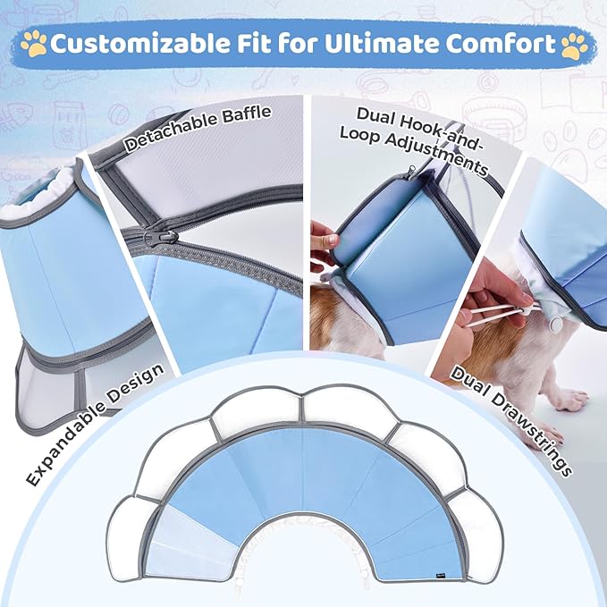 Soft Dog Cone Collar After Surgery Recovery,Adjustable E-Collar with Removable Shield,Lightweight,Breathable Anti-Licking Protective Cone for Large,Medium,Small Pets (Blue, XXL(Neck:20''-25''))