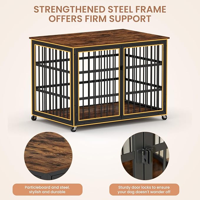 Aoowow Dog Crate Furniture for Small Medium Dogs, 43.3" Dog Kennel Indoor End Table with Side Doors, Iron Heavy Duty Dog Cage with Wheels, Rustic Brown