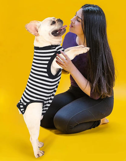 Dog Recovery Medium Suit,for Female Male Surgery,Spay,Neuter Recovery Shirt,Zipper Closure Cotton Striped Wounds Protect Suit,Black Striped M