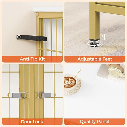 MAHANCRIS Dog Crate Furniture for 2 Dogs, 43.3" Dog Kennel with Removable Divider, Heavy Sturdy Dog Furniture Style Double Cage for Small Medium Dog, Indoor Pet House End Table, White and Gold