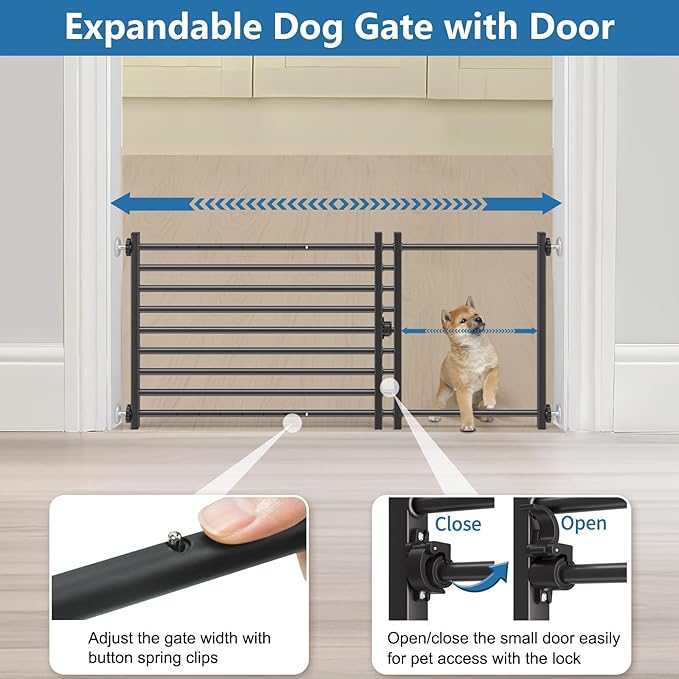 Malier Dog Gate with Door, 34-55" Extra Wide Full Metal Pet Gate Short Dog Gate for Stairs, Pressure Mount 20'' Tall Small Puppy Gate, Easy Step Over Low Gate for Doorways