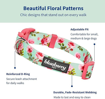 Blueberry Pet Dog Collar - Turquoise Floral Rose Print, Adjustable Small Dog Collar for Neck 12-16", Girl Dog Collars for Small Dogs, Puppy Collars, Easter Dog Collar, Eco-Friendly