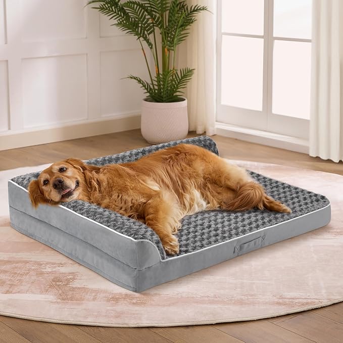 Dog Bed Large Sized Dogs, XXL Orthopedic Dog Bed for Large Dogs, Waterproof Pet Bed with Washable Removable Cover, L-Shaped Pet Couch with Portable Handle 48"x35"x7.5", Grey