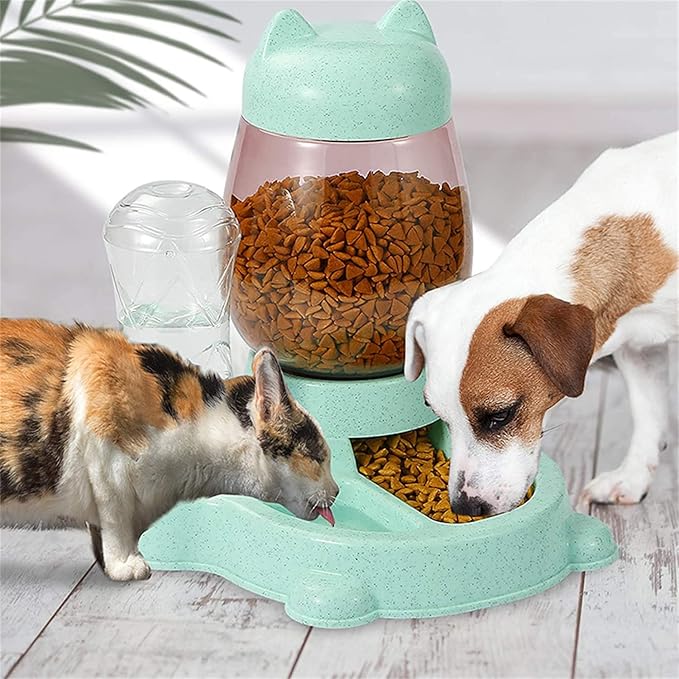 Automatic Cat & Dog Feeder Set - Self-Dispensing Food and Water Dispenser, Large Capacity (Green)