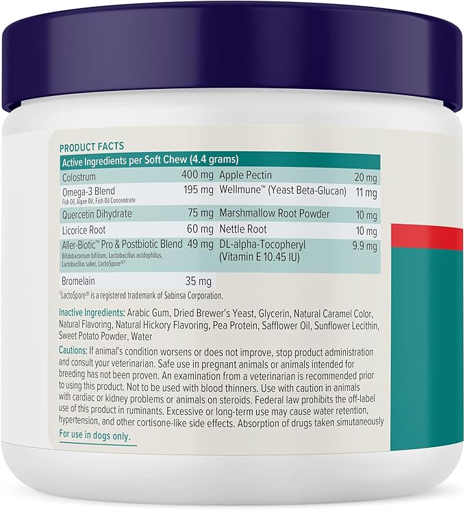 Vetnique DermaBliss Dog Allergy Chews for Seasonal Allergy Itch Relief, Skin & Gut Health with Probiotics and Omega 3 Blend - Advanced or Regular Strength (60ct, Advanced Strength Chews)